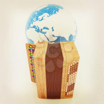 Musical instrument - retro bayan and Earth. 3D illustration. Vintage style.