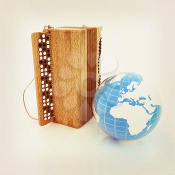 Musical instrument - retro bayan and Earth. 3D illustration. Vintage style.