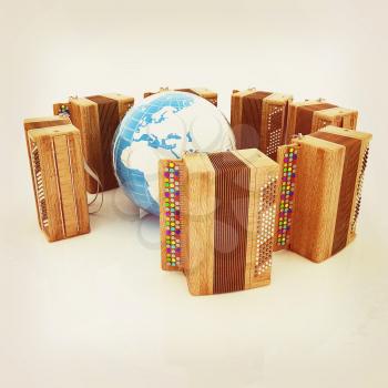 Musical instruments - retro bayans and Earth. 3D illustration. Vintage style.