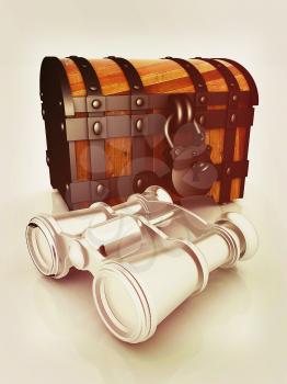 binoculars and chest. 3D illustration. Vintage style.