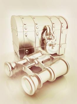 binoculars and chest. 3D illustration. Vintage style.