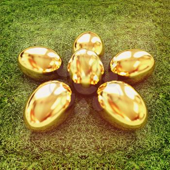 Gold Easter eggs as a flower on a green grass. 3D illustration. Vintage style.