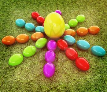 Colored Easter eggs as a flower and Big Easter Egg in the centre on a green grass. 3D illustration. Vintage style.