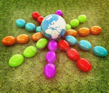 Colored Easter eggs around Earth on a green grass. 3D illustration. Vintage style.
