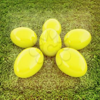 Yellow Easter eggs as a flower on a green grass. 3D illustration. Vintage style.