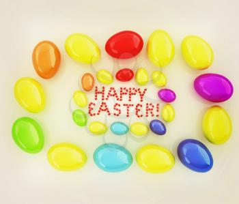 Easter eggs as a Happy Easter greeting on white background. 3D illustration. Vintage style.