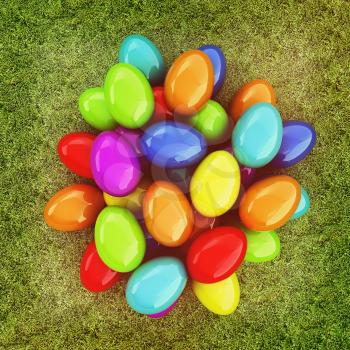 Colored Easter eggs on a green grass. 3D illustration. Vintage style.