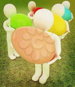 3d small persons holds the big Easter egg in a hand. 3d image. On green grass. 3D illustration. Vintage style.