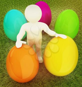 3d small person holds the big Easter egg in a hand. 3d image. On green grass. 3D illustration. Vintage style.