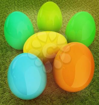 Colored Easter eggs on a green grass. 3D illustration. Vintage style.