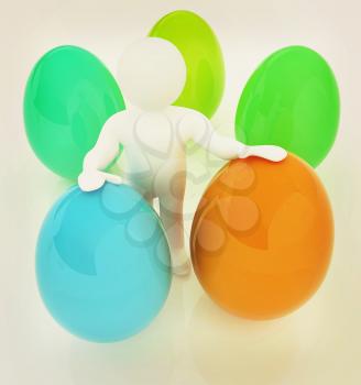 3d small person holds the big Easter egg in a hand. 3d image. . 3D illustration. Vintage style.