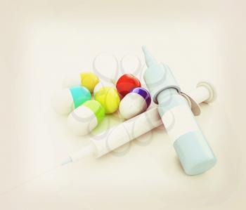 Syringe, tablet, pill jar. 3D illustration. 3D illustration. Vintage style.