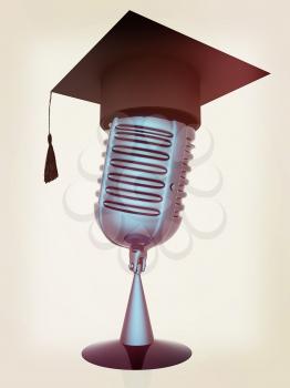 New 3d concept of education with microphone and graduation hat. 3D illustration. Vintage style.