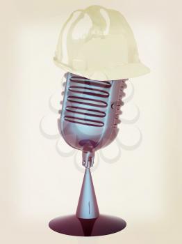 New 3d concept of technology education with microphone and hard hat. 3D illustration. Vintage style.