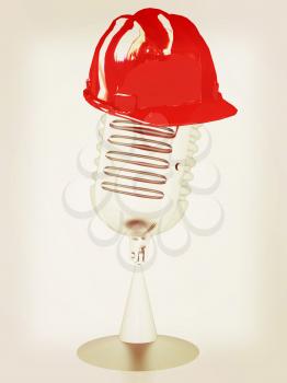 New 3d concept of technology education with microphone and hard hat. 3D illustration. Vintage style.