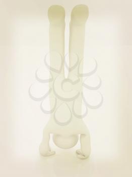 3d man isolated on white. Series: morning exercises - performs three-point head stand with hands on floor. 3D illustration. Vintage style.