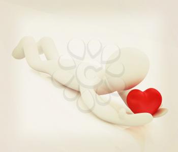 3D human lying and holds heart. 3D illustration. Vintage style.