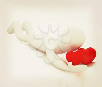 3D human lying and holds hearts. 3D illustration. Vintage style.