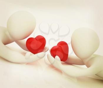 3D humans lying and holds heart. 3D illustration. Vintage style.