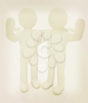 Friends standing next to an embrace and raised one's hand for greeting. 3d image. Isolated white background.. 3D illustration. Vintage style.