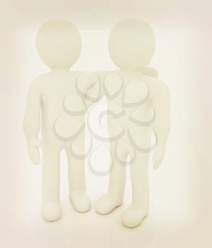 Friends standing next to an embrace. 3d image. Isolated white background. . 3D illustration. Vintage style.