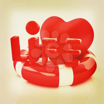 Heart and life belt. Concept of life-saving. 3D illustration. Vintage style.
