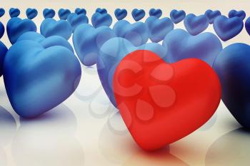 One red heart standing out in crowd . 3D illustration. Vintage style.