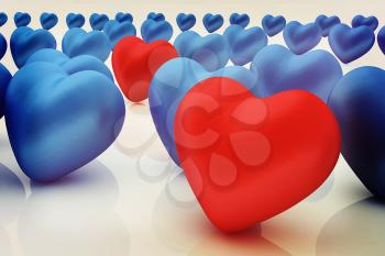 One red heart standing out in crowd . 3D illustration. Vintage style.