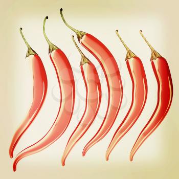Hot chilli pepper set isolated on white background. 3D illustration. Vintage style.