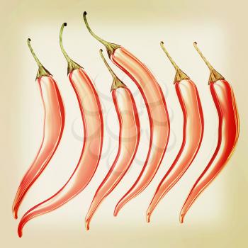Hot chilli pepper set isolated on white background. 3D illustration. Vintage style.