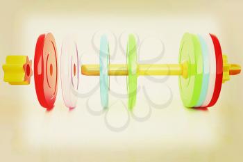 Colorful dumbbells are assembly and disassembly on a white background. 3D illustration. Vintage style.