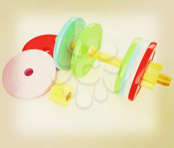 Colorful dumbbells are assembly and disassembly on a white background. 3D illustration. Vintage style.
