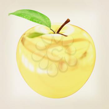 Gold apple isolated on white background. Series: Golden apple under different environments. 3D illustration. Vintage style.