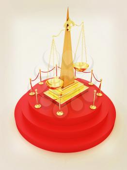 Gold scales of justice on 3d carpeting podium with gold handrail . 3D illustration. Vintage style.