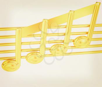 3D music note on staves on a white . 3D illustration. Vintage style.