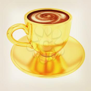 Gold coffee cup on saucer on a white background . 3D illustration. Vintage style.