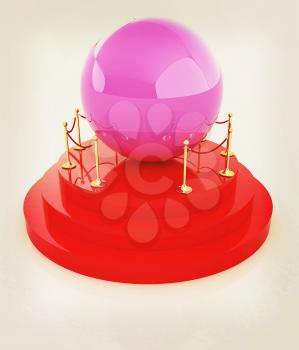 Glossy pink ball on podium on a white background . 3D illustration. Vintage style.