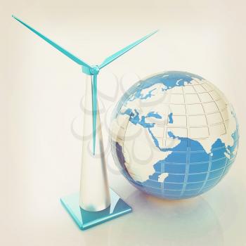 Wind turbine isolated on white. Global concept with eart. 3D illustration. Vintage style.