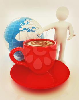 3d people - man, person presenting - Mug of coffee with milk. Global concept with Earth. 3D illustration. Vintage style.