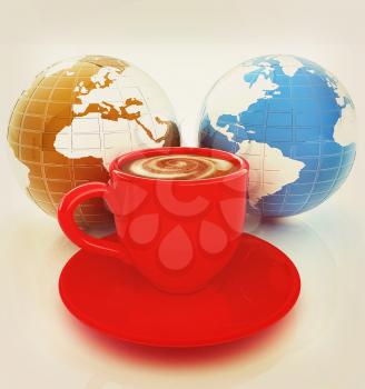 Mug of coffee with milk. Global concept with Earth. 3D illustration. Vintage style.