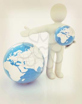 3d people - man, person presenting - pointing. Global concept with earth. 3D illustration. Vintage style.
