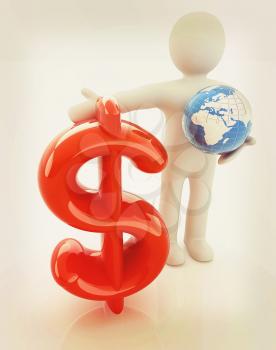 3d people - man, person presenting - dollar with global concept with Earth. 3D illustration. Vintage style.