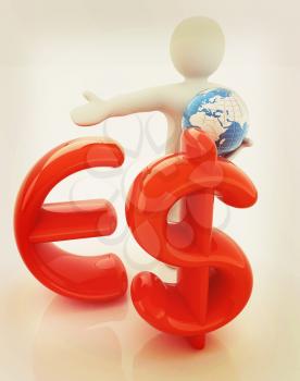 3d people - man, person presenting - euro and dollar with global concept with Earth. 3D illustration. Vintage style.