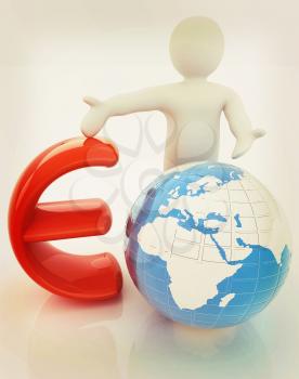 3d people - man, person presenting - euro with global concept with Earth. 3D illustration. Vintage style.
