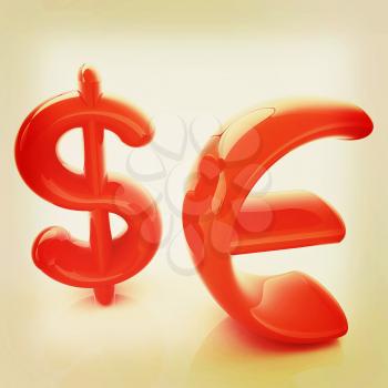 Euro and dollar sign. 3D illustration. Vintage style.