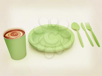 Fast-food disposable tableware. 3D illustration. Vintage style.