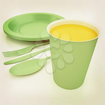 Fast-food disposable tableware. 3D illustration. Vintage style.