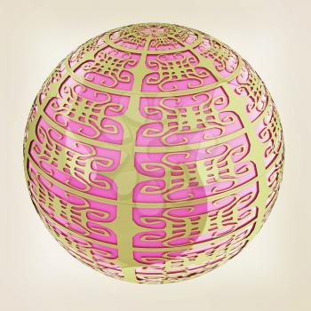 Arabic abstract glossy dark green geometric sphere and pink sphere inside. 3D illustration. Vintage style.