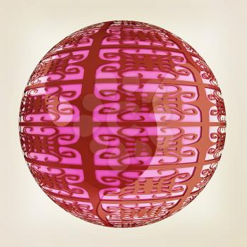 Arabic abstract glossy dark red geometric sphere and pink sphere inside. 3D illustration. Vintage style.