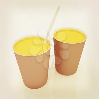 Orange juice in a fast food dishes. 3D illustration. Vintage style.